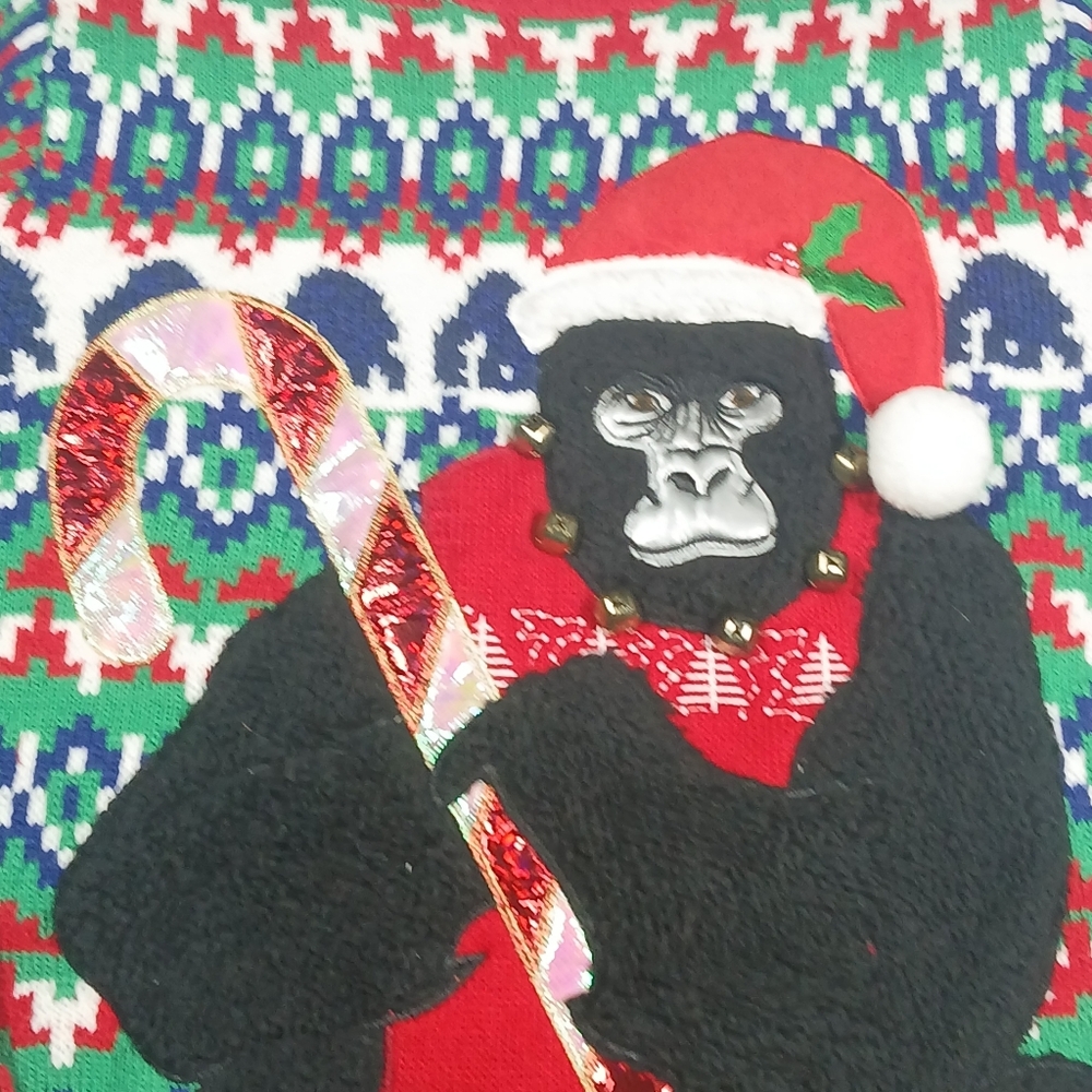 Adult Sz Sm 34-36 Ugly Christmas Sweater Gorilla Candy Cane Jingle Bells Holiday